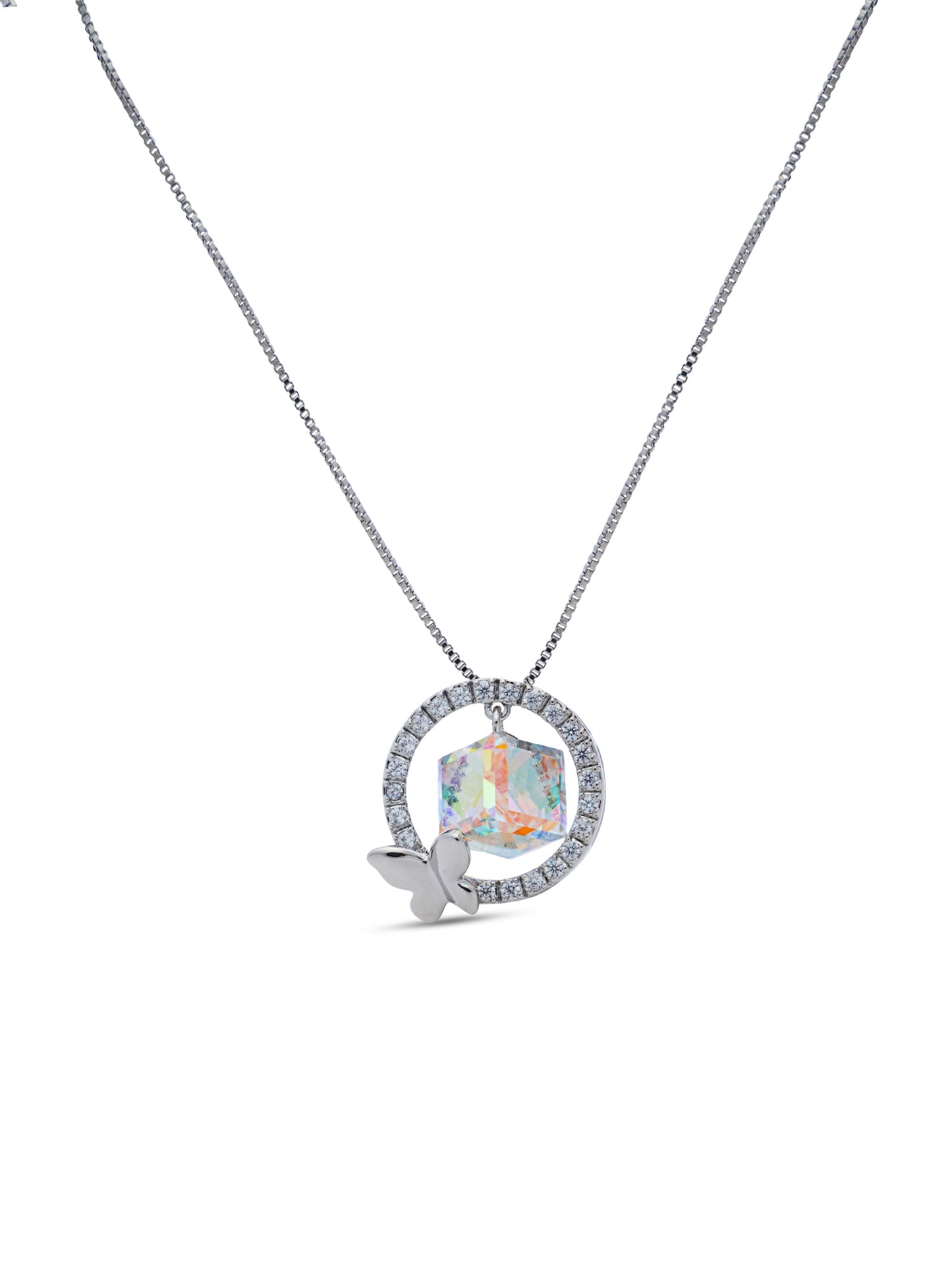 Rainbow Cube Swarovski Crystal With Halo Pendant