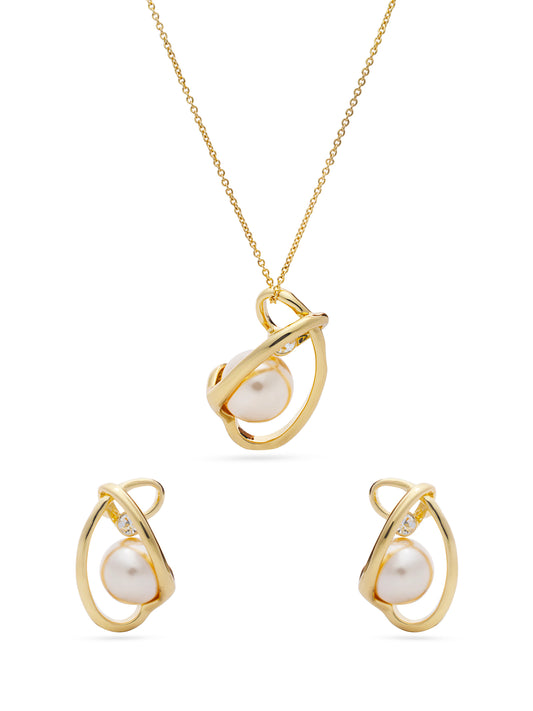 Pearl Wrapped By Golden Thread Pendent Set