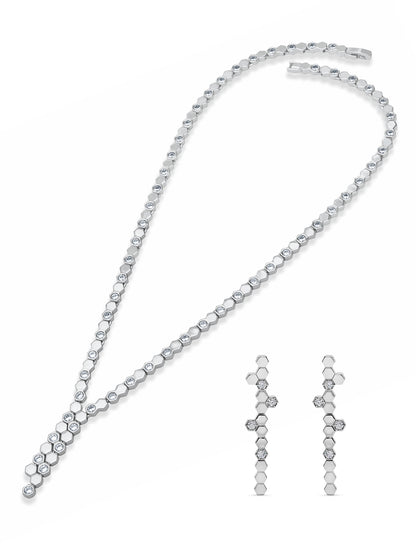 Hexa Charm Twin Drop Necklace Set - Rhodium