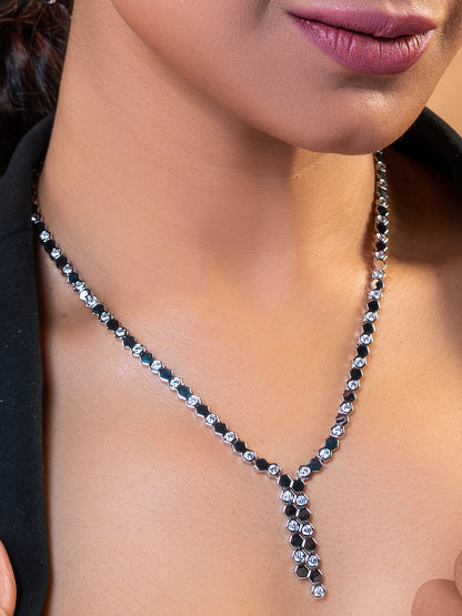 Hexa Charm Twin Drop Necklace Set - Rhodium