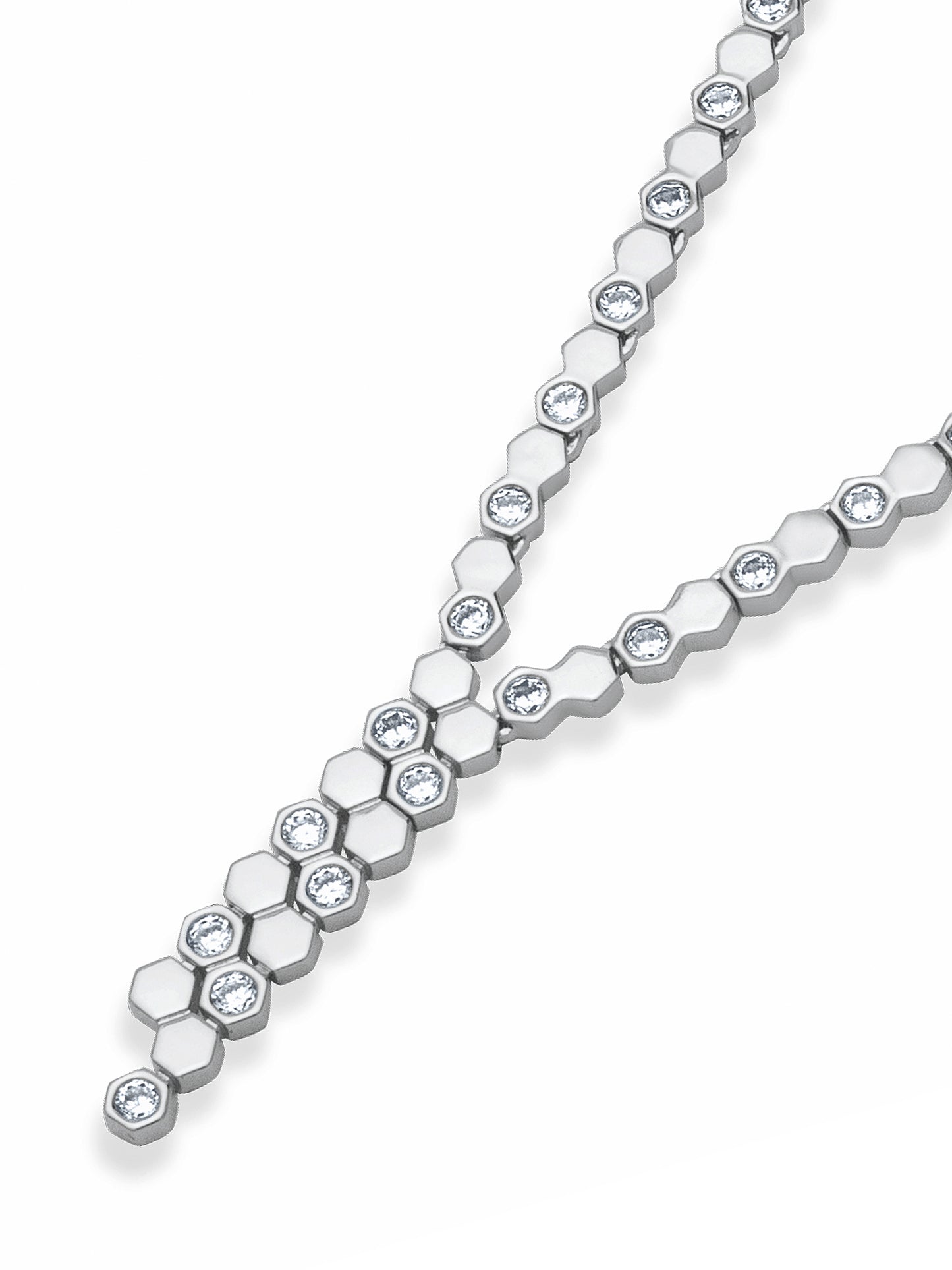 Hexa Charm Twin Drop Necklace Set - Rhodium