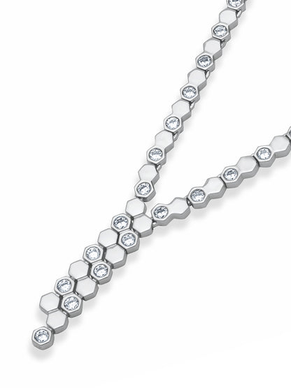 Hexa Charm Twin Drop Necklace Set - Rhodium