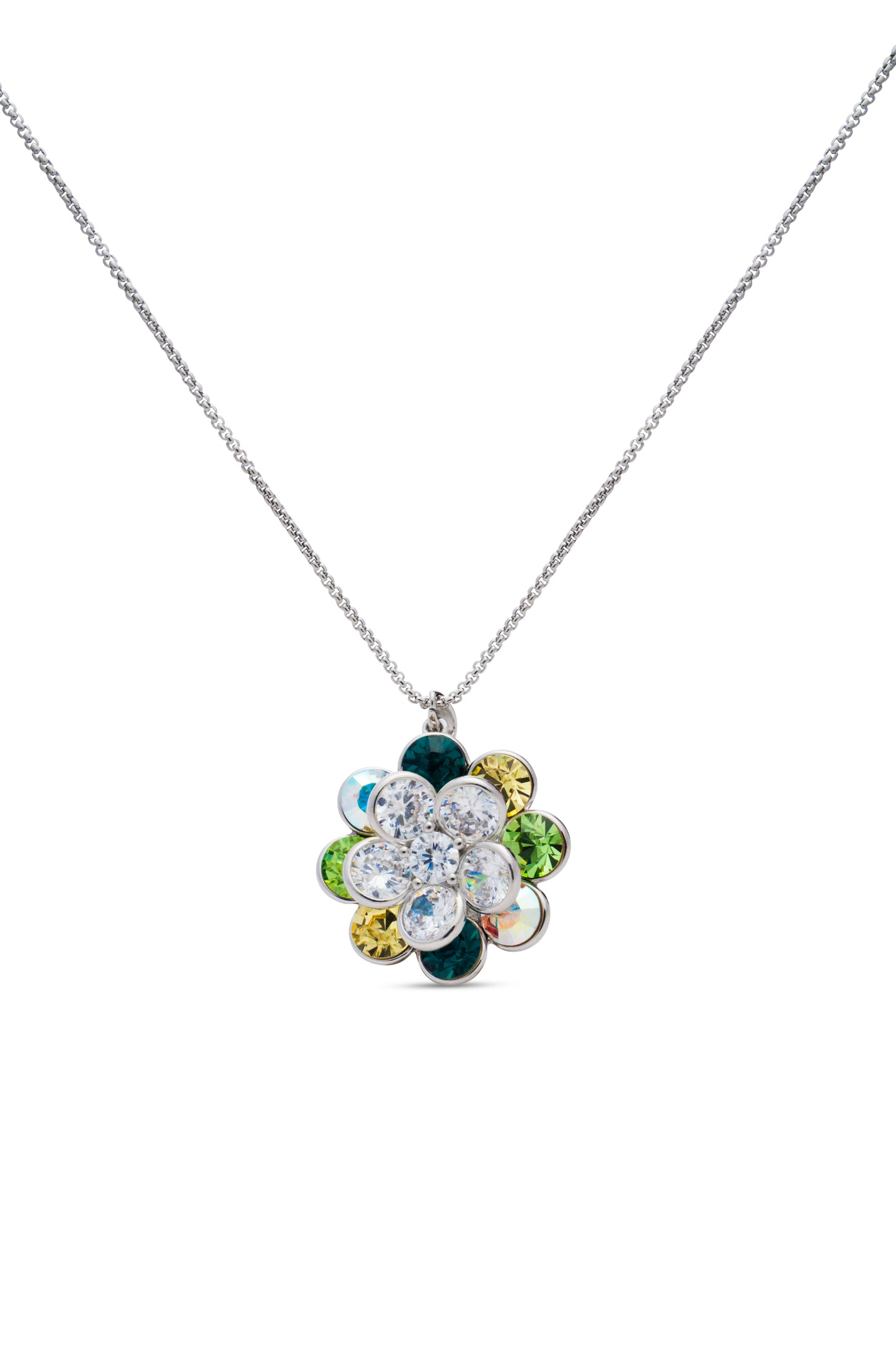 Shades Of Green Swarovski Crystals In Rotating Flowers Pendant