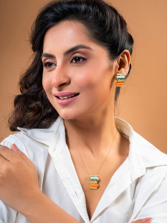 Krrystafee Gold Plated Multi Colour Stone Brick Pendant Necklace Set for Women | Demi Fine Jewellery