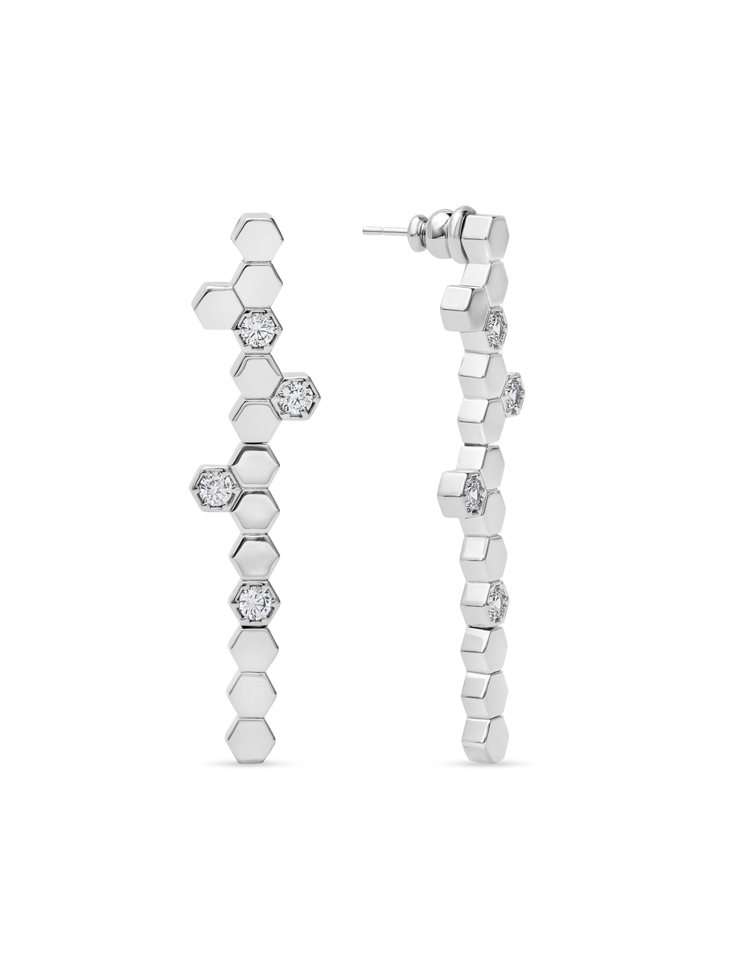Hexa Charm Twin Drop Necklace Set - Rhodium