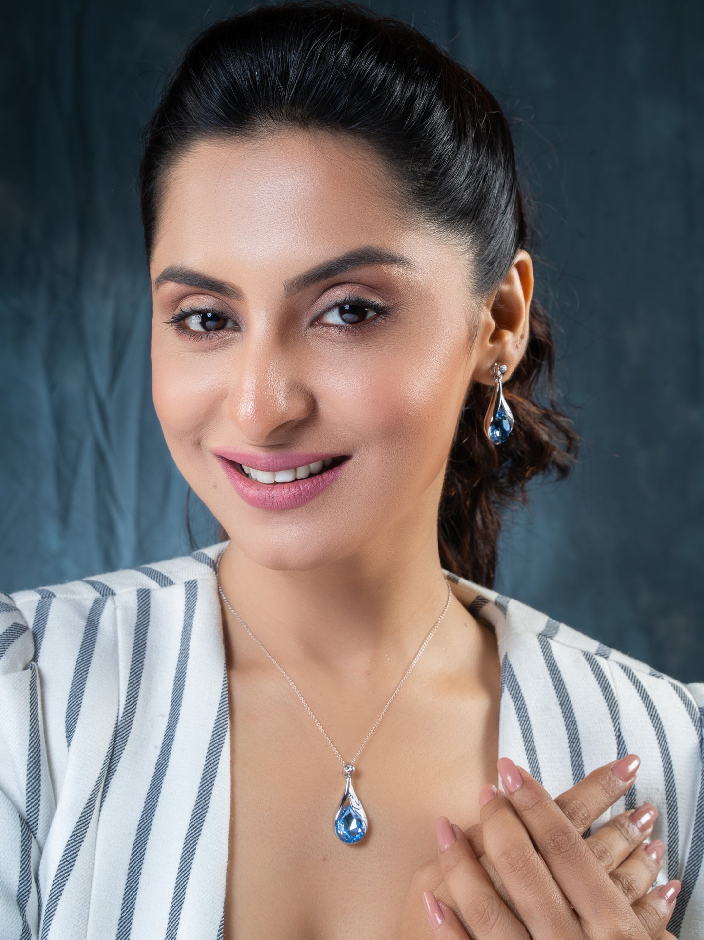 Blue Crystal Tear Drop Pendent Set