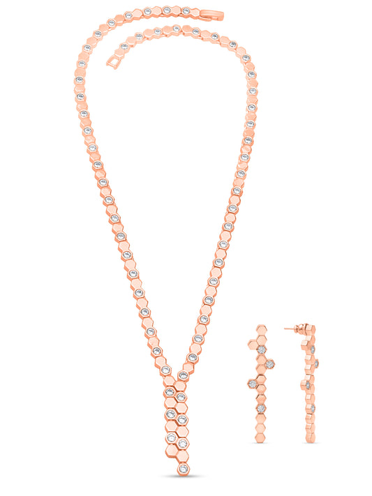 Hexa Charm Twin Drop Flexible Necklace Set - Rose Gold