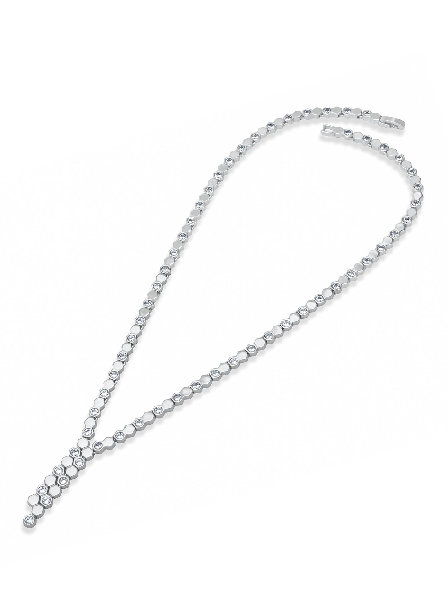 Hexa Charm Twin Drop Necklace Set - Rhodium