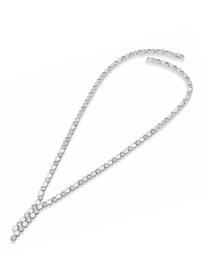 Hexa Charm Twin Drop Necklace Set - Rhodium