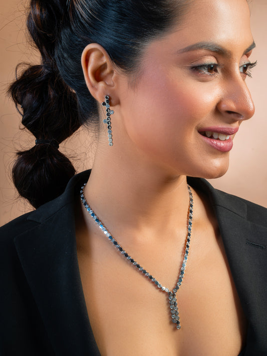 Hexa Charm Twin Drop Necklace Set - Rhodium