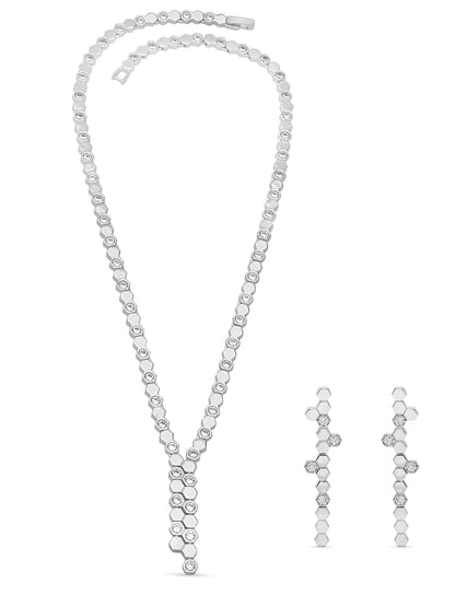 Hexa Charm Twin Drop Necklace Set - Rhodium