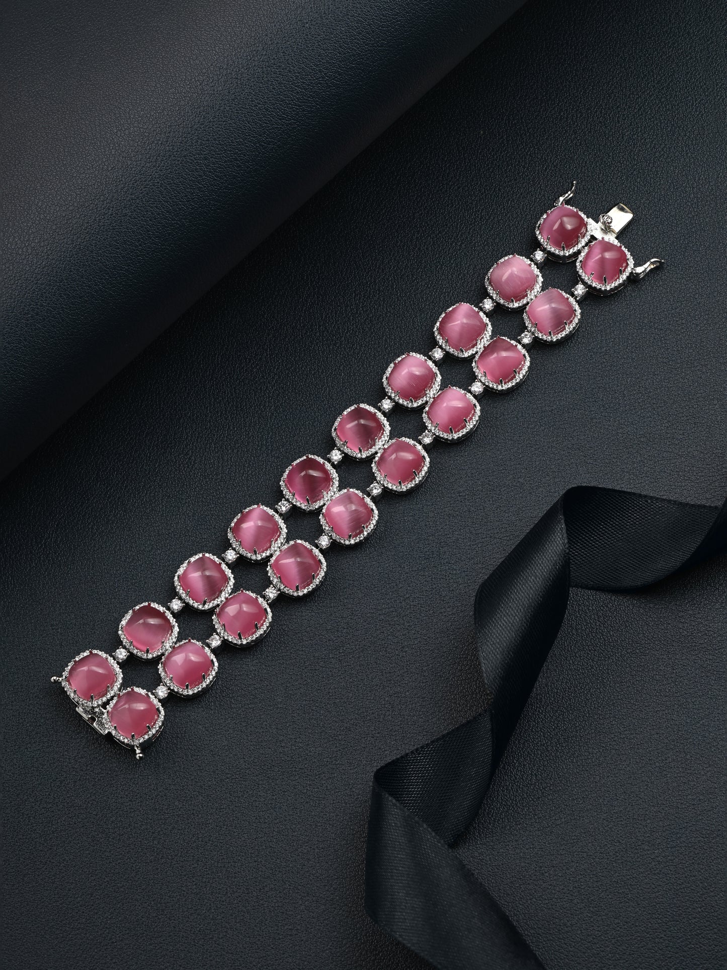 Krrystafee 18K Plated Pink CZ Tennis Bracelet In Silver Finish for Women | Festive Gifting Jewellery