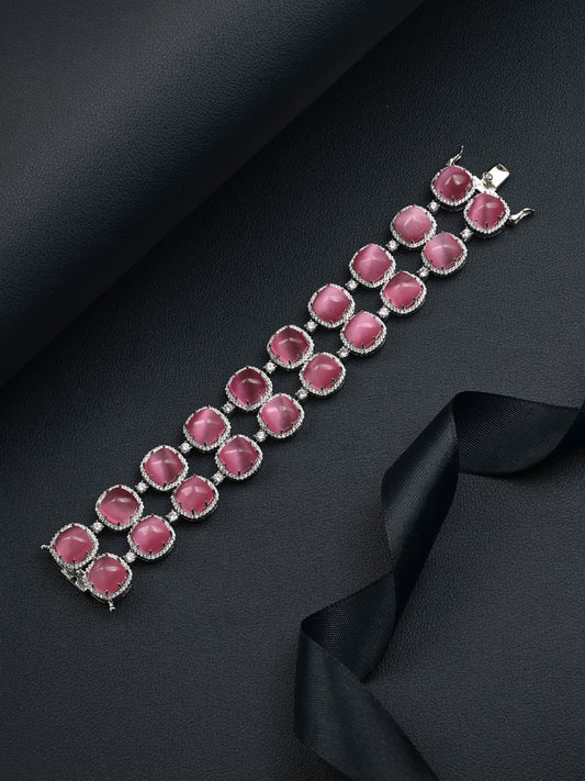Krrystafee 18K Plated Pink CZ Tennis Bracelet In Silver Finish for Women | Festive Gifting Jewellery