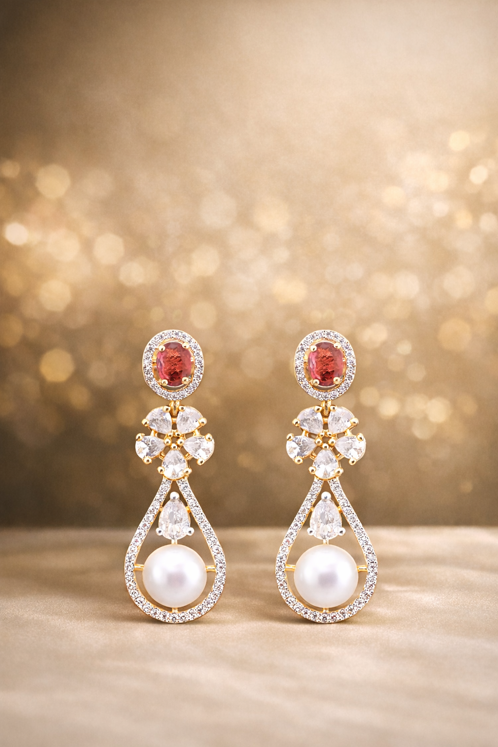 Krrystafee 18K Gold Plated Ruby Reverb CZ Diamond Earrings for Women | Festive Evening Wear