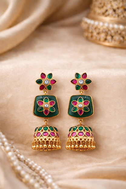 Krrystafee 18K Gold Plated Green Kundan Ruby Jhumka Earrings for Women | Traditional Indian Wedding