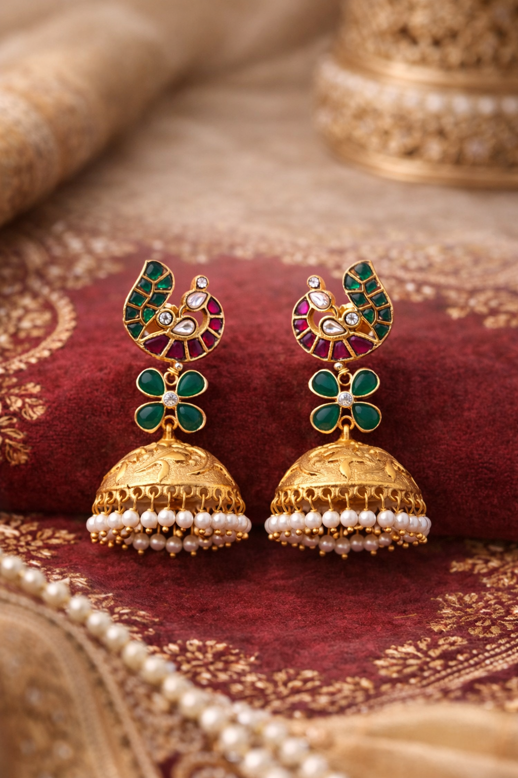 Polki And Gold Carving Jhumka With Uncut Studded stones
