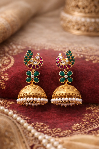 Polki And Gold Carving Jhumka With Uncut Studded stones