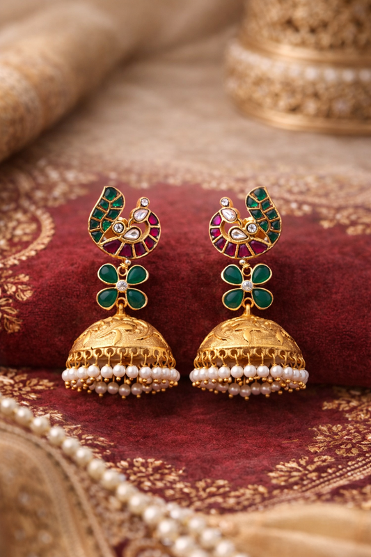 Polki And Gold Carving Jhumka With Uncut Studded stones