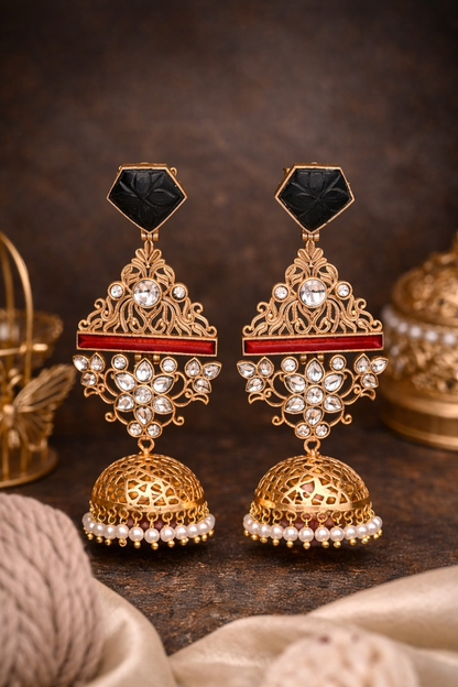 Krrystafee 18K Gold Plated Fusion Jadau Jhumka Earrings for Women | Ethnic Bridal Wedding Wear