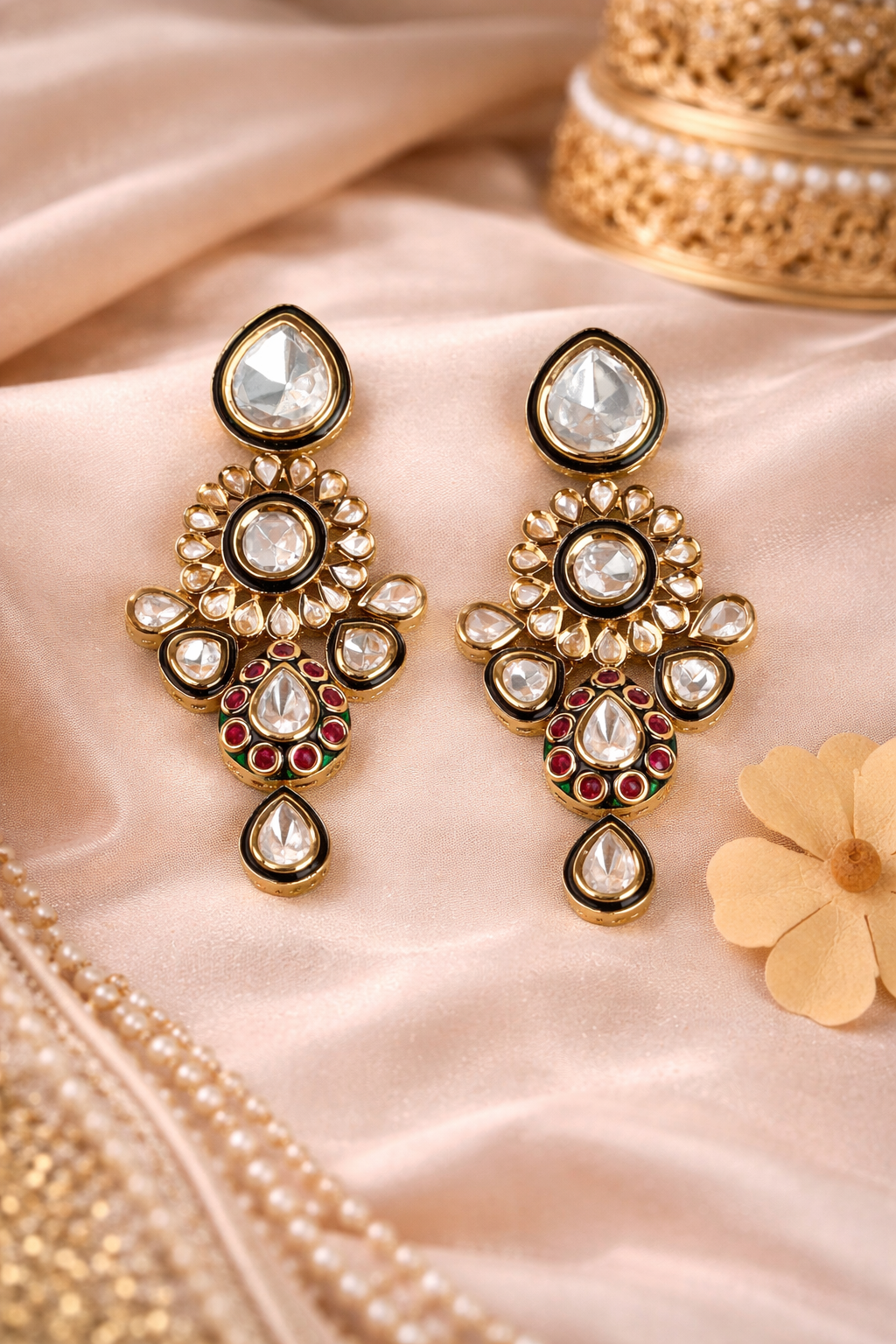 Krrystafee 18K Gold Plated Jadau Ethnic Dangler Earrings for Women | Traditional Wedding Jewellery