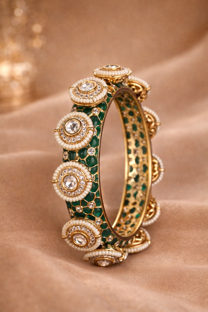 Krrystafee 18K Gold Plated Emerald Polki Studded Kada Bangle for Women | Bridal Traditional Jewellery