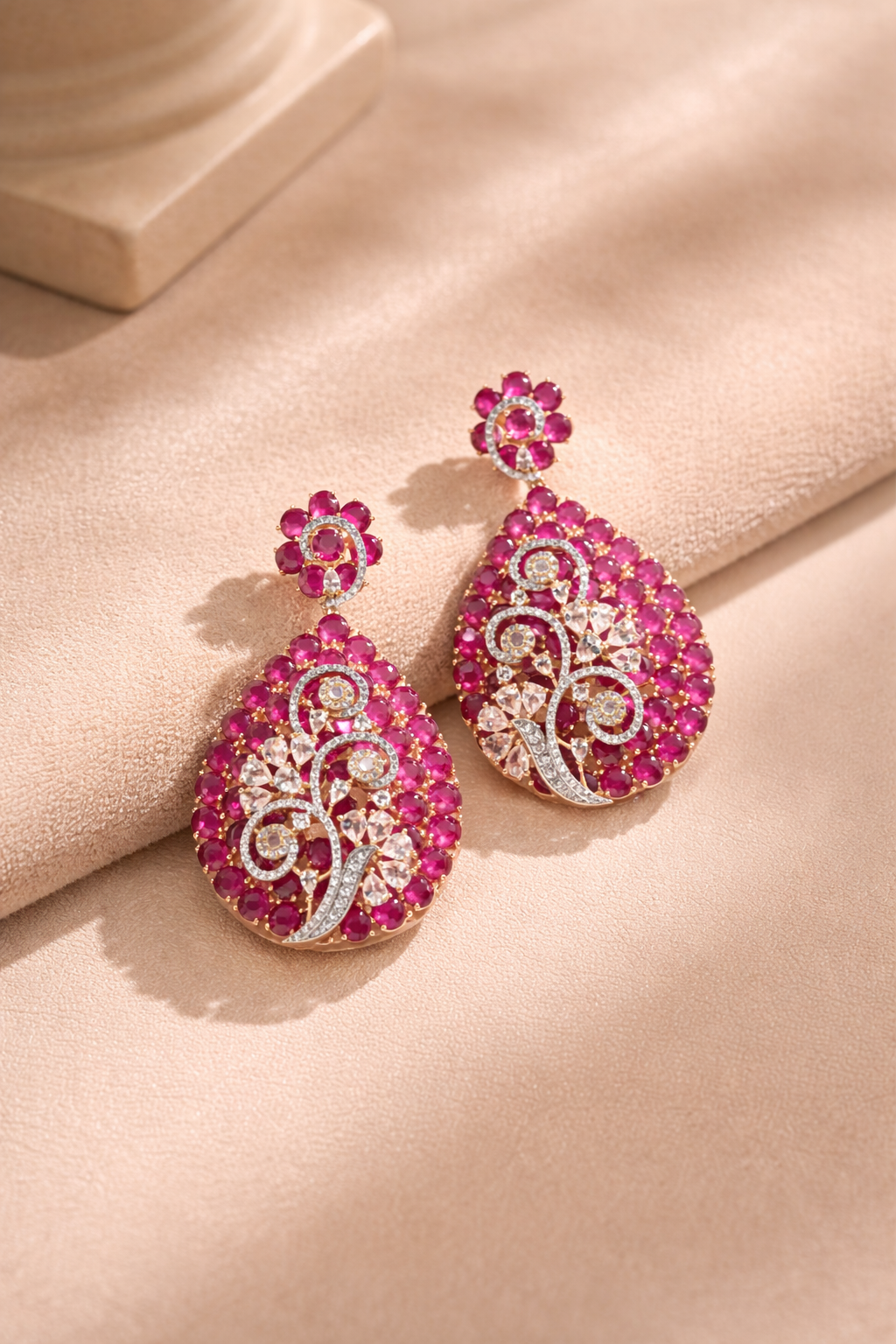 Krrystafee 18K Gold Plated Italian Ruby CZ Diamond Vine Dangler Earrings for Women | Evening Wear