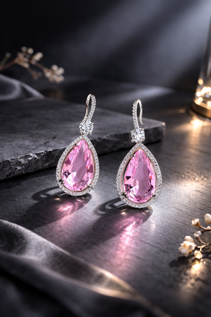 Krrystafee 18K Plated Pink Ultralight CZ Dangler Earrings In silver Finish for Women | Daily Office Wear
