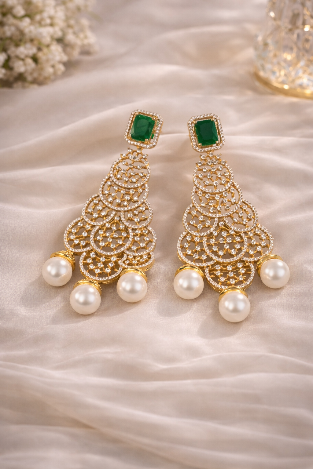 Krrystafee 18K Gold Plated Emerald Pearl Eiffel Dangler Earrings for Women | Evening Party Wear