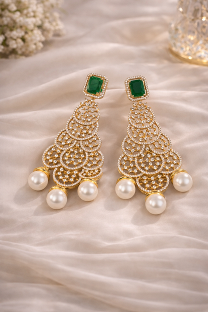 Krrystafee 18K Gold Plated Emerald Pearl Eiffel Dangler Earrings for Women | Evening Party Wear