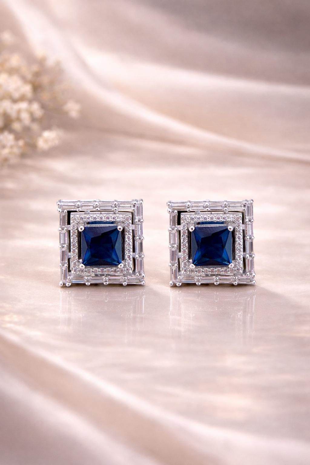 Krrystafee 18K Plated Sapphire Blue CZ Diamond Halo Stud Earrings In Silver Finish for Women | Daily Wear