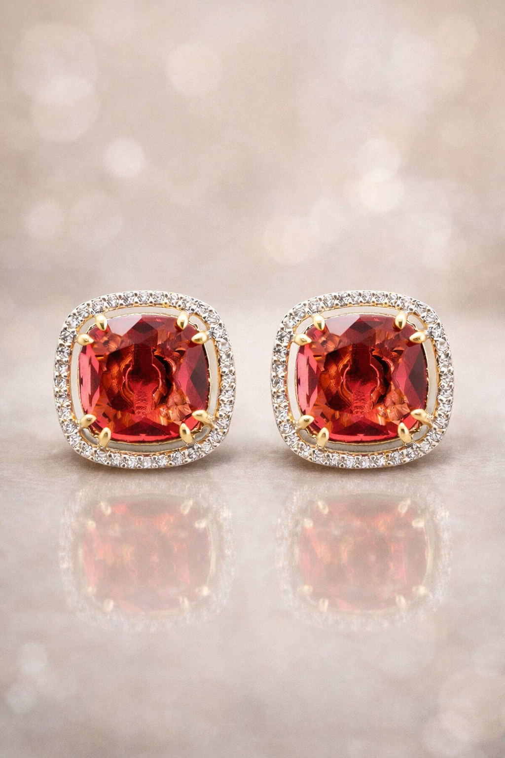 Krrystafee 18K Gold Plated Ruby CZ Diamond Halo Stud Earrings for Women | Daily Party Wear