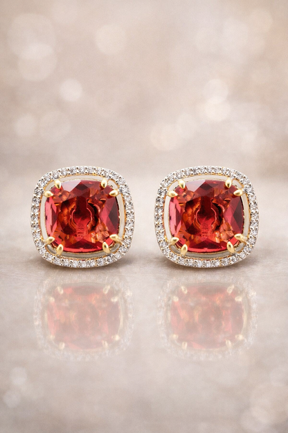 Krrystafee 18K Gold Plated Ruby CZ Diamond Halo Stud Earrings for Women | Daily Party Wear