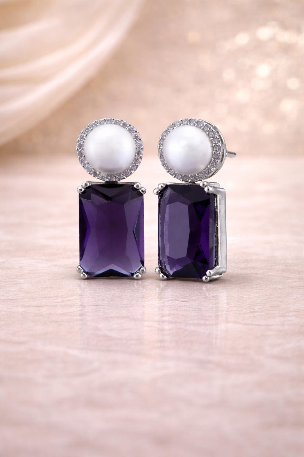 Krrystafee 18K Gold Plated Purple CZ Pearl Stud Earrings for Women | Festive Gifting Jewellery