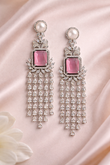 Krrystafee 18K Plated Pink Stone CZ Diamond Shower Dangler Earrings In Silver Finish for Women | Party Wear