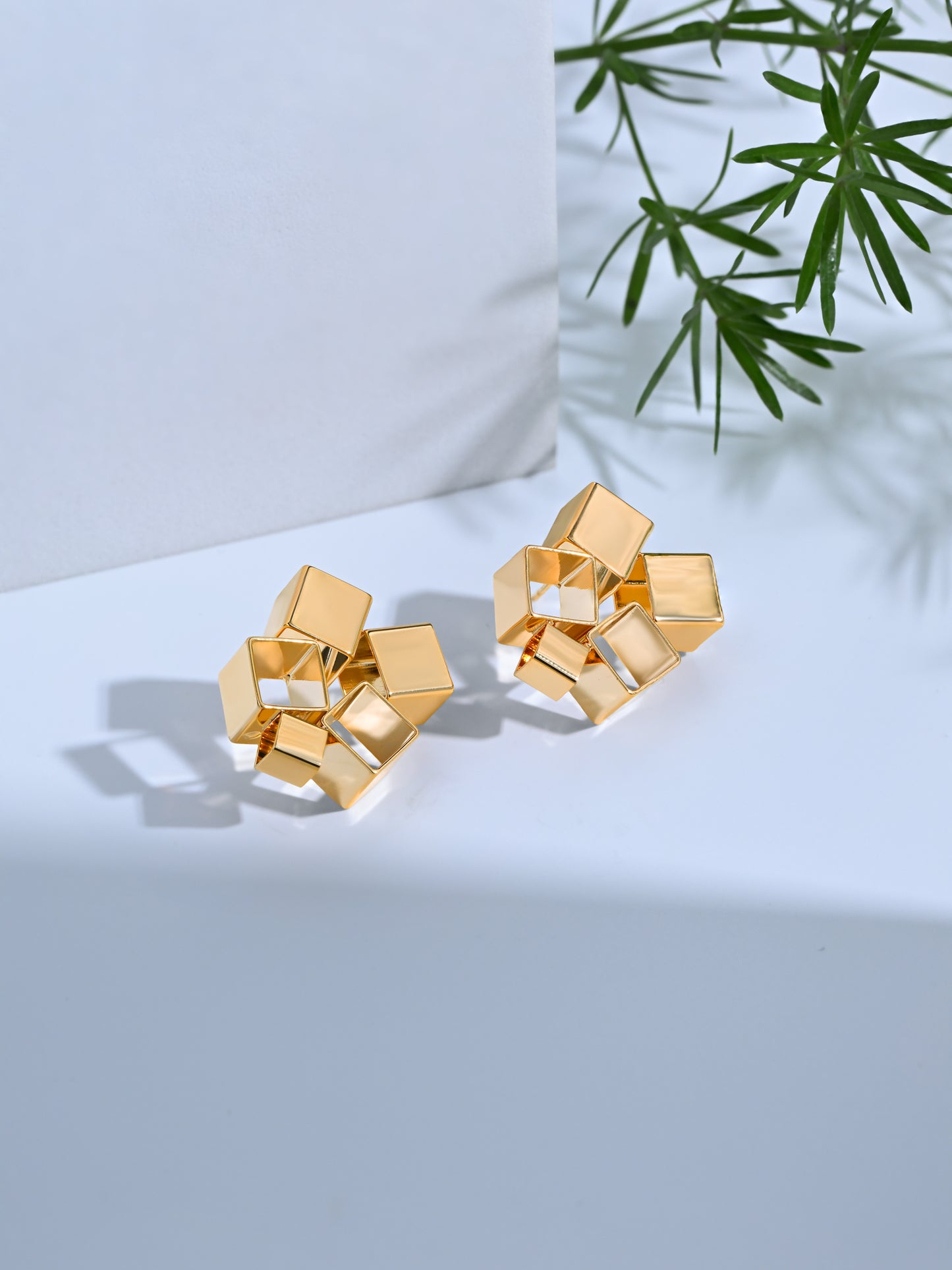 Krrystafee 18K Gold Plated CZ Ice Cube Geometric Stud Earrings for Women | Modern Daily Wear