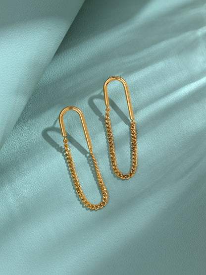 Krrystafee 18K Gold Plated Hook Chain Dangler Earrings for Women | Minimalist Daily Wear