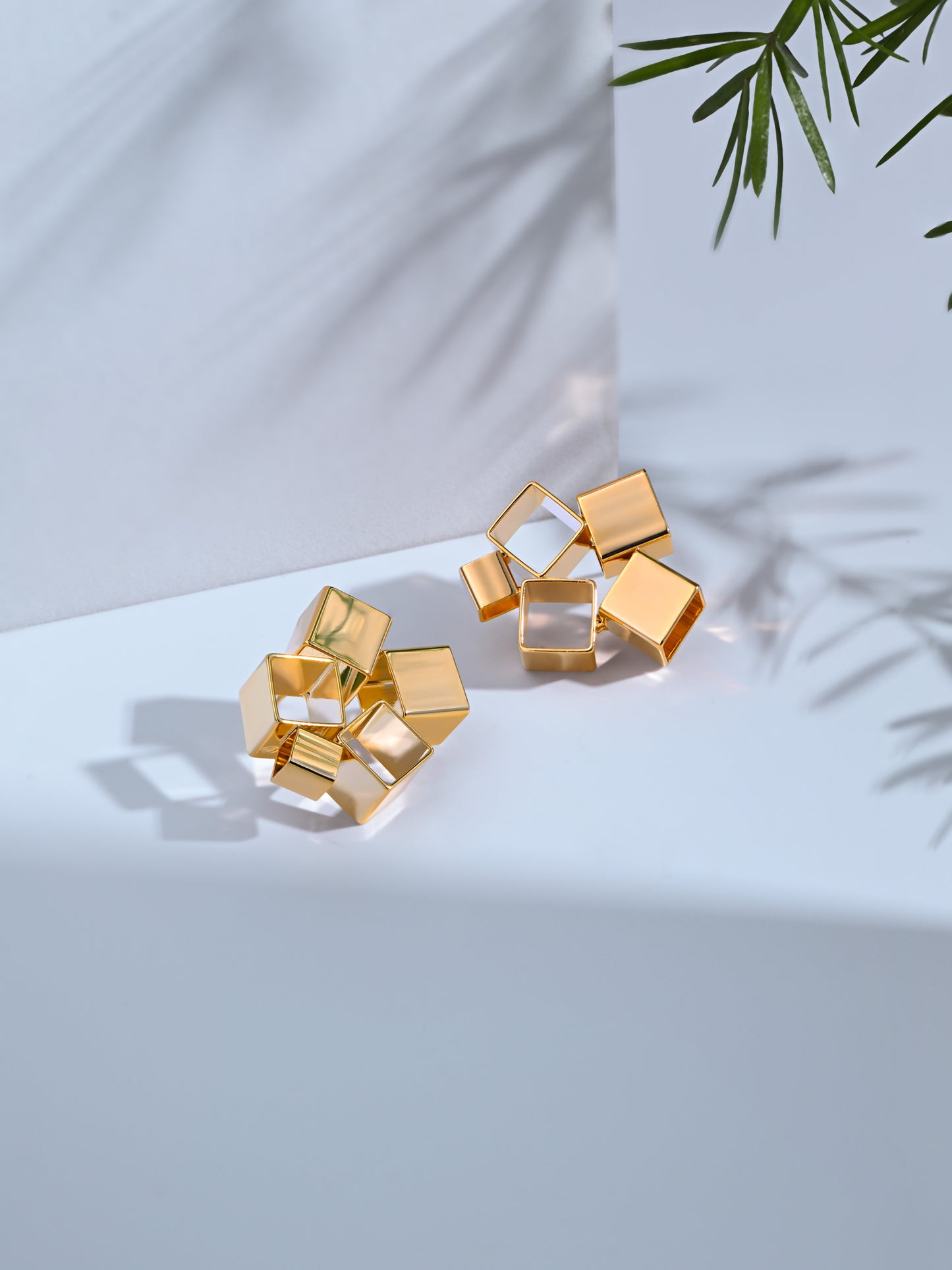 Krrystafee 18K Gold Plated CZ Ice Cube Geometric Stud Earrings for Women | Modern Daily Wear