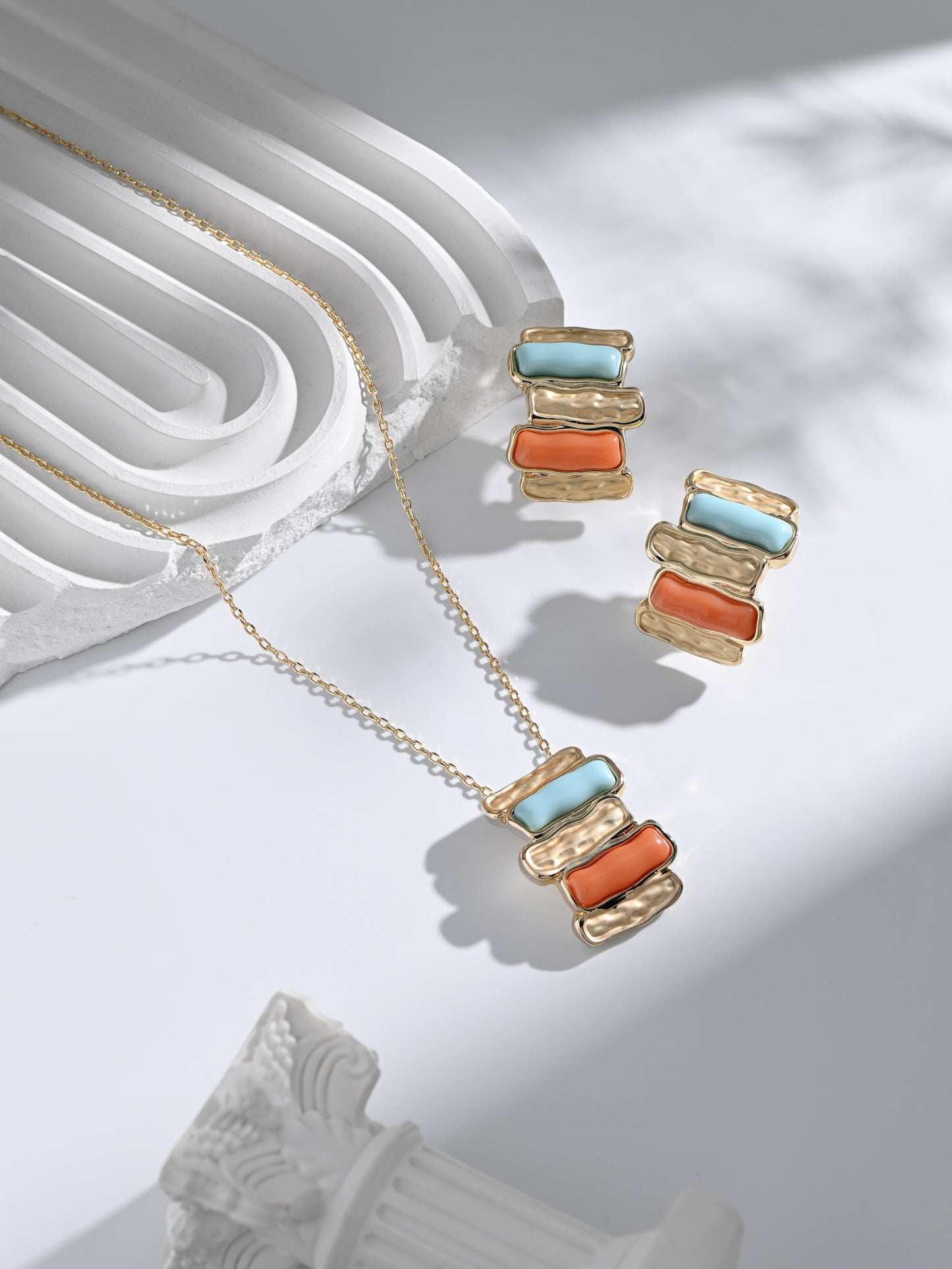 Krrystafee Gold Plated Multi Colour Stone Brick Pendant Necklace Set for Women | Demi Fine Jewellery