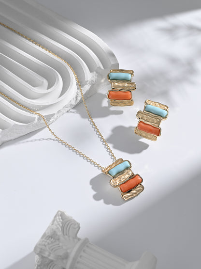 Krrystafee Gold Plated Multi Colour Stone Brick Pendant Necklace Set for Women | Demi Fine Jewellery