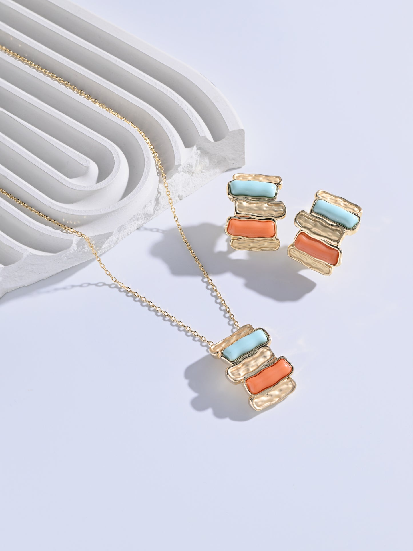 Krrystafee Gold Plated Multi Colour Stone Brick Pendant Necklace Set for Women | Demi Fine Jewellery