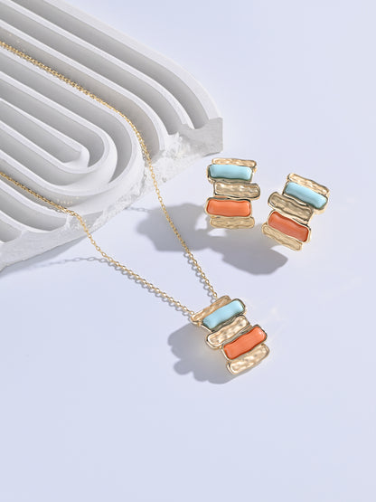 Krrystafee Gold Plated Multi Colour Stone Brick Pendant Necklace Set for Women | Demi Fine Jewellery