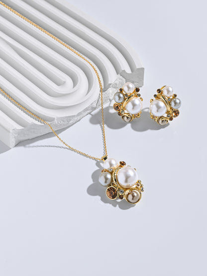 Krrystafee 18K Gold Plated Pearl Cluster Pendant Necklace Set for Women | Bridal Gifting
