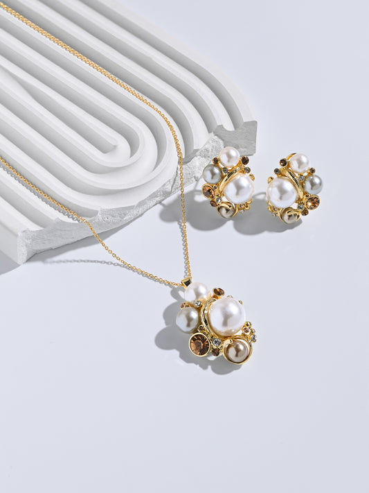 Krrystafee 18K Gold Plated Pearl Cluster Pendant Necklace Set for Women | Bridal Gifting