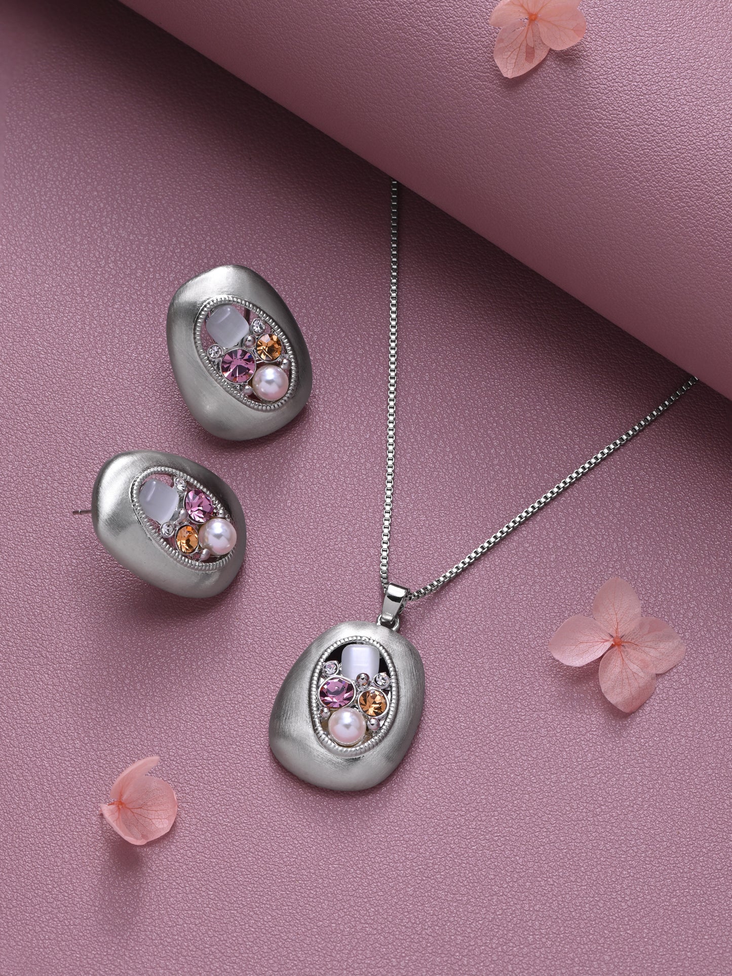 Krrystafee Brushed Steel 18 K Plated Stone Pendant Necklace Set for Women | Demi Fine Jewellery