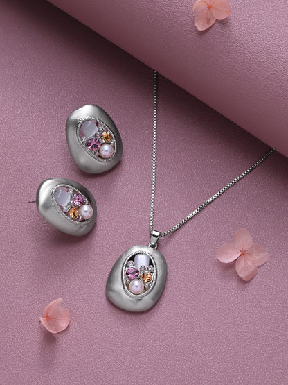 Krrystafee Brushed Steel 18 K Plated Stone Pendant Necklace Set for Women | Demi Fine Jewellery