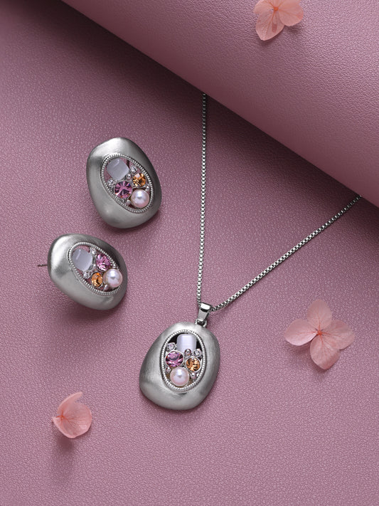 Krrystafee Brushed Steel 18 K Plated Stone Pendant Necklace Set for Women | Demi Fine Jewellery