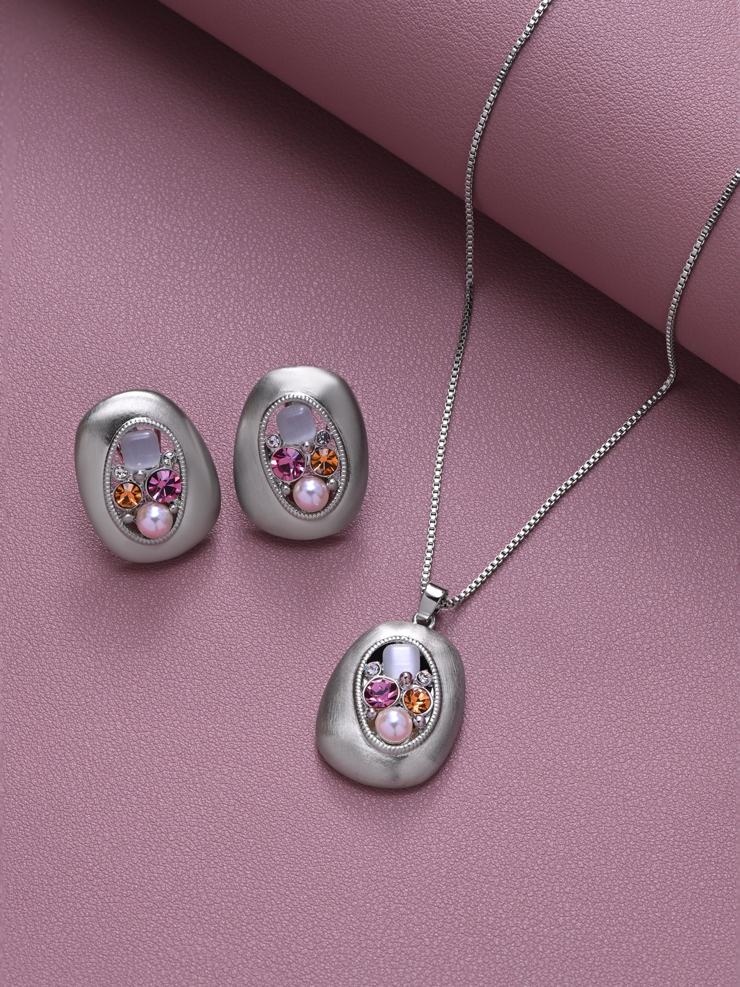 Krrystafee Brushed Steel 18 K Plated Stone Pendant Necklace Set for Women | Demi Fine Jewellery