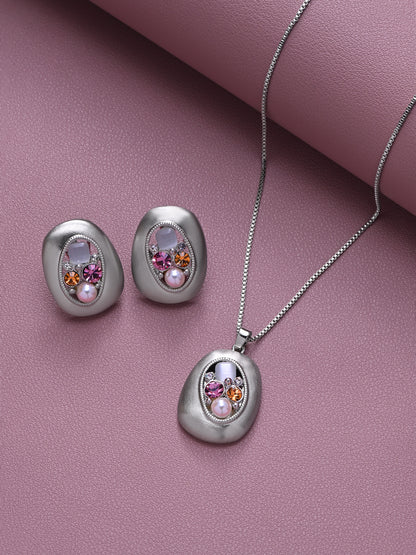 Krrystafee Brushed Steel 18 K Plated Stone Pendant Necklace Set for Women | Demi Fine Jewellery