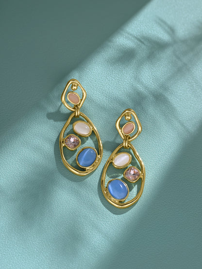 Krrystafee 18K Gold Plated Multi Colour Stone Wire Wrapped Earrings for Women | Festive Gifting