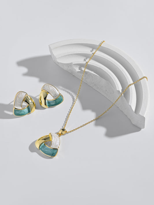Krrystafee Tri-Tone Gold Curved Harmony Pendant Necklace Set for Women | Demi Fine Jewellery